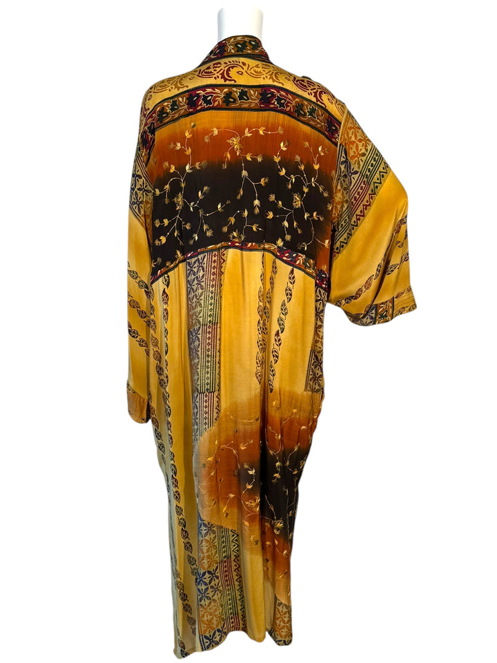 Back view of vintage silk kimono in black yellow and red with gold embroidery