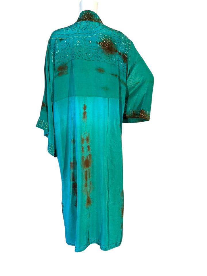 Back view of blue green dip dyed kimono in vintage silk