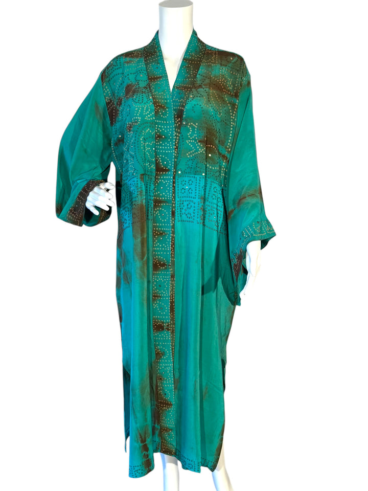 Front view of blue green dip dyed vintage silk kimono with metallic patterns