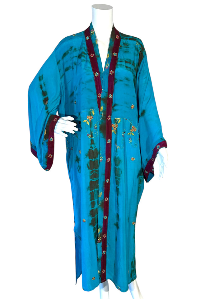 Royal blue dip dyed vintage silk kimono with velvet trim and floral embroidery