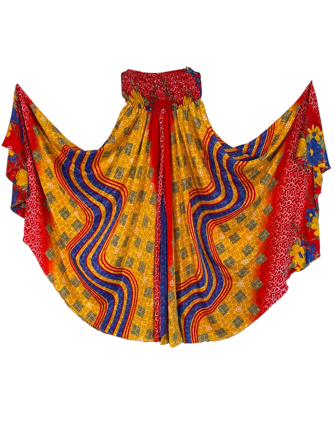 Colorful patterned palazzo pant with red, yellow, and blue design vintage silk blend on a white background