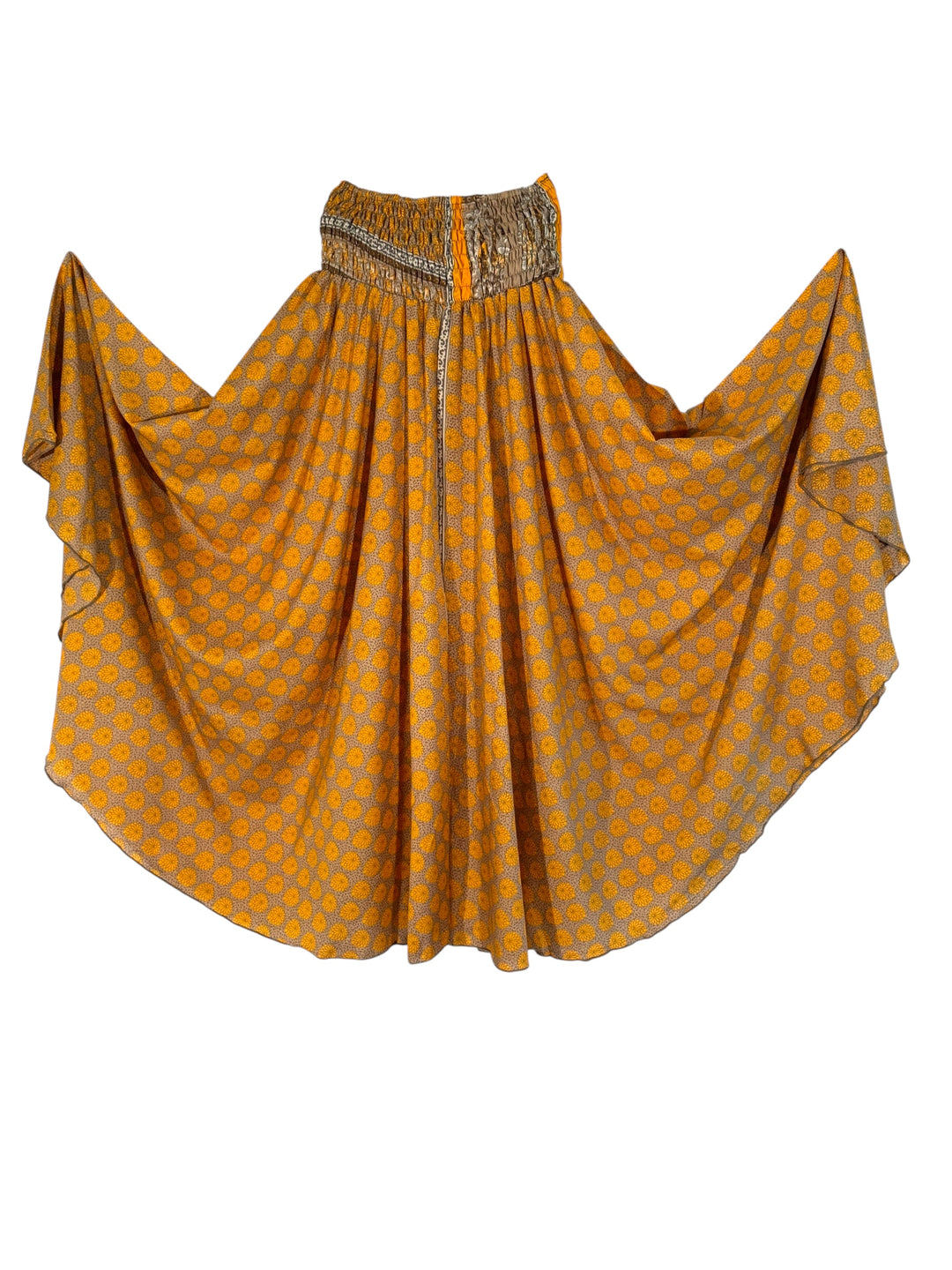 Yellow paisley patterned palazzo pant on a white background