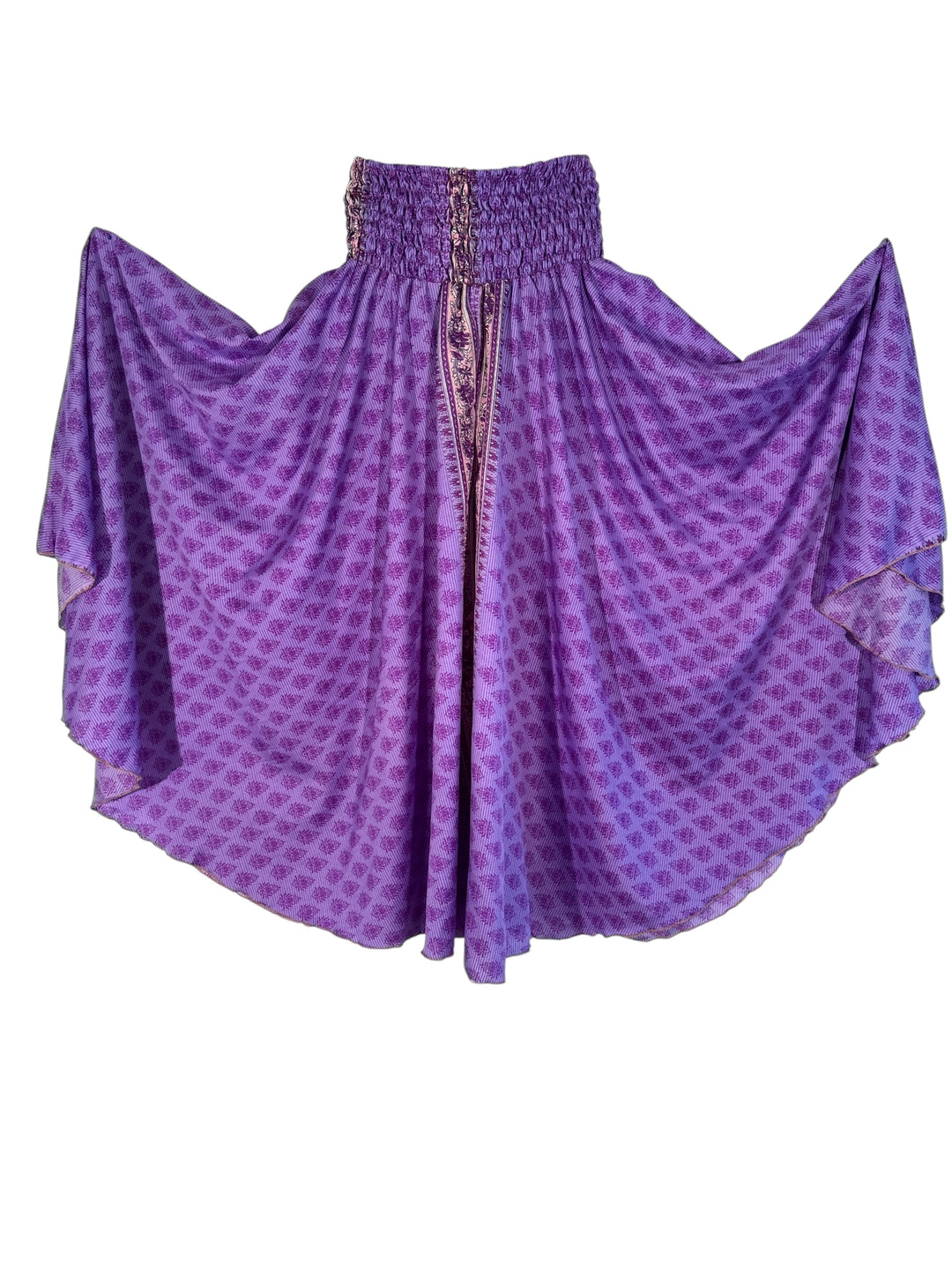 Purple patterned palazzo pant on a white background