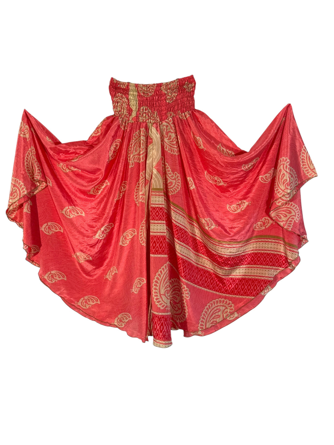 Pink palazzo in paisley vintage silk blend  with tan patterns on a white background