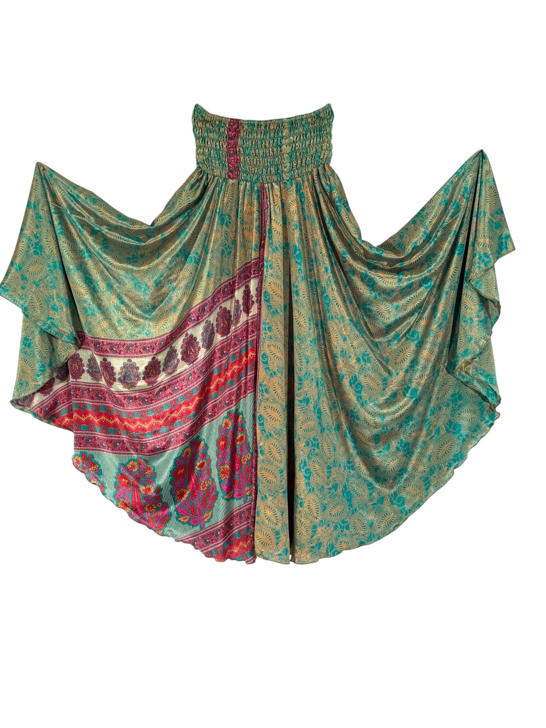 Colorful patterned palazzo in blue green vintage silk on a white background
