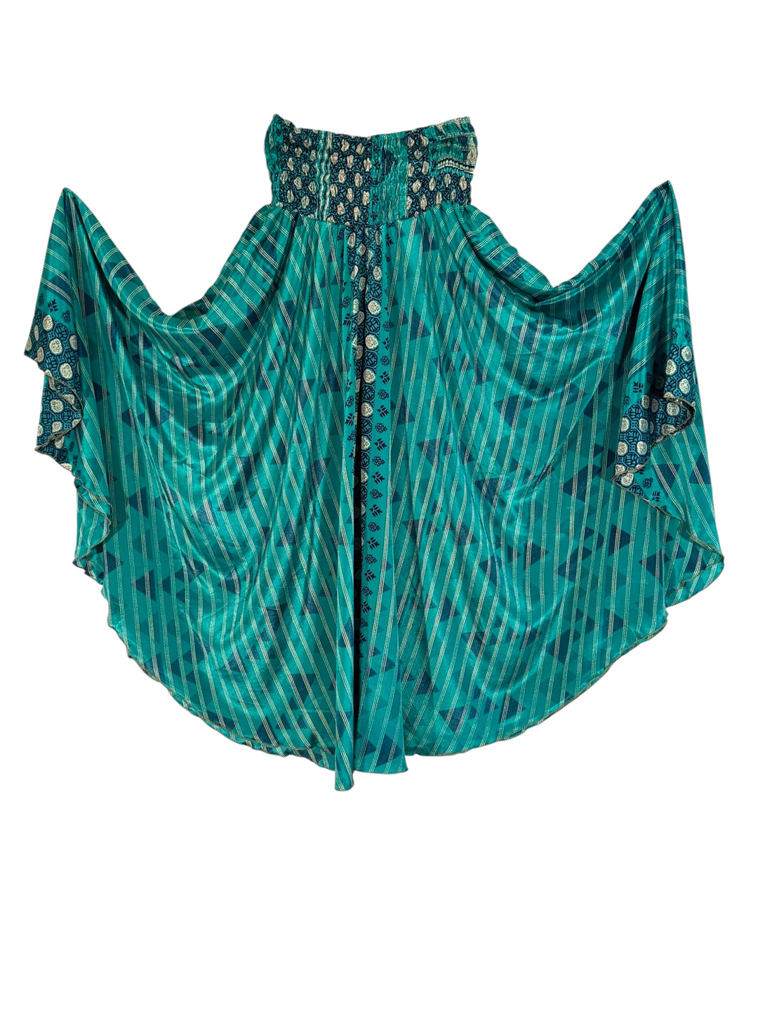 Blue green patterned silk blend palazzo pant on a white background