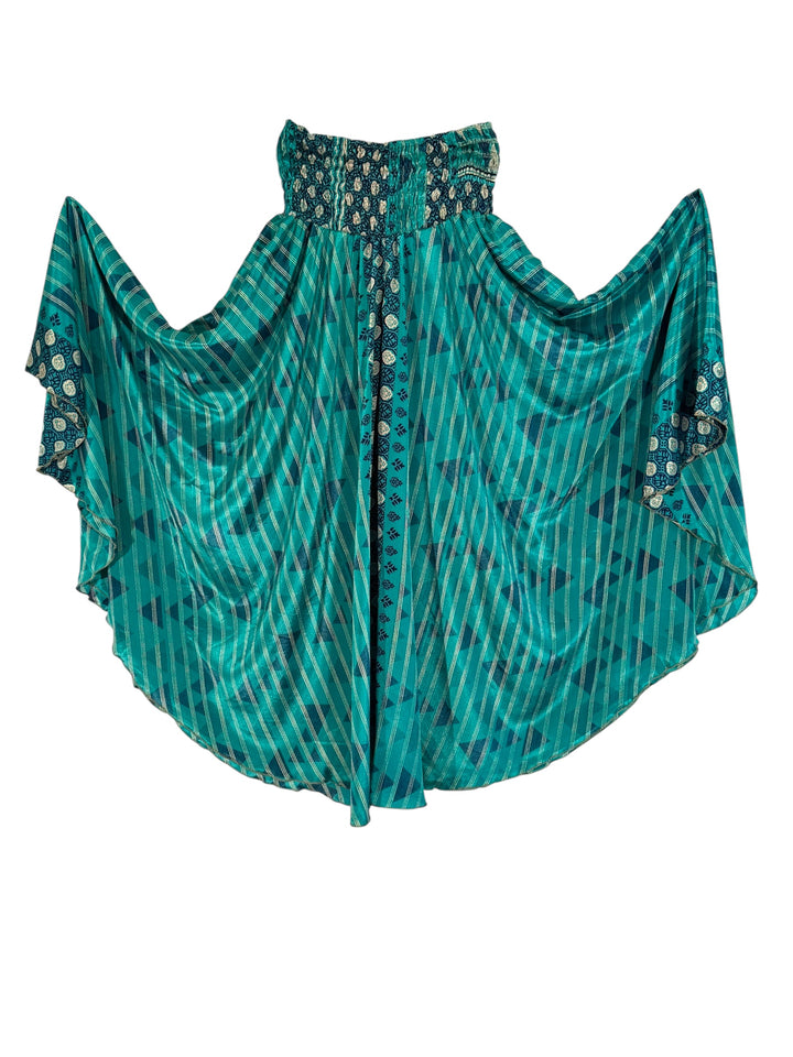 Blue green patterned silk blend palazzo pant on a white background