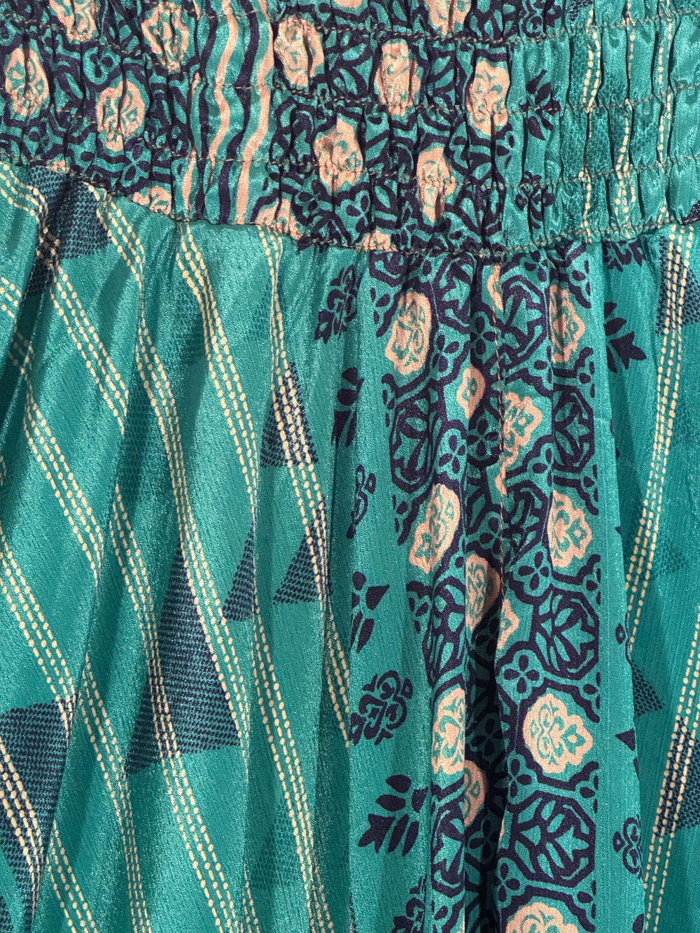 Close-up of teal vintage silk blend with intricate patterns and embroidery