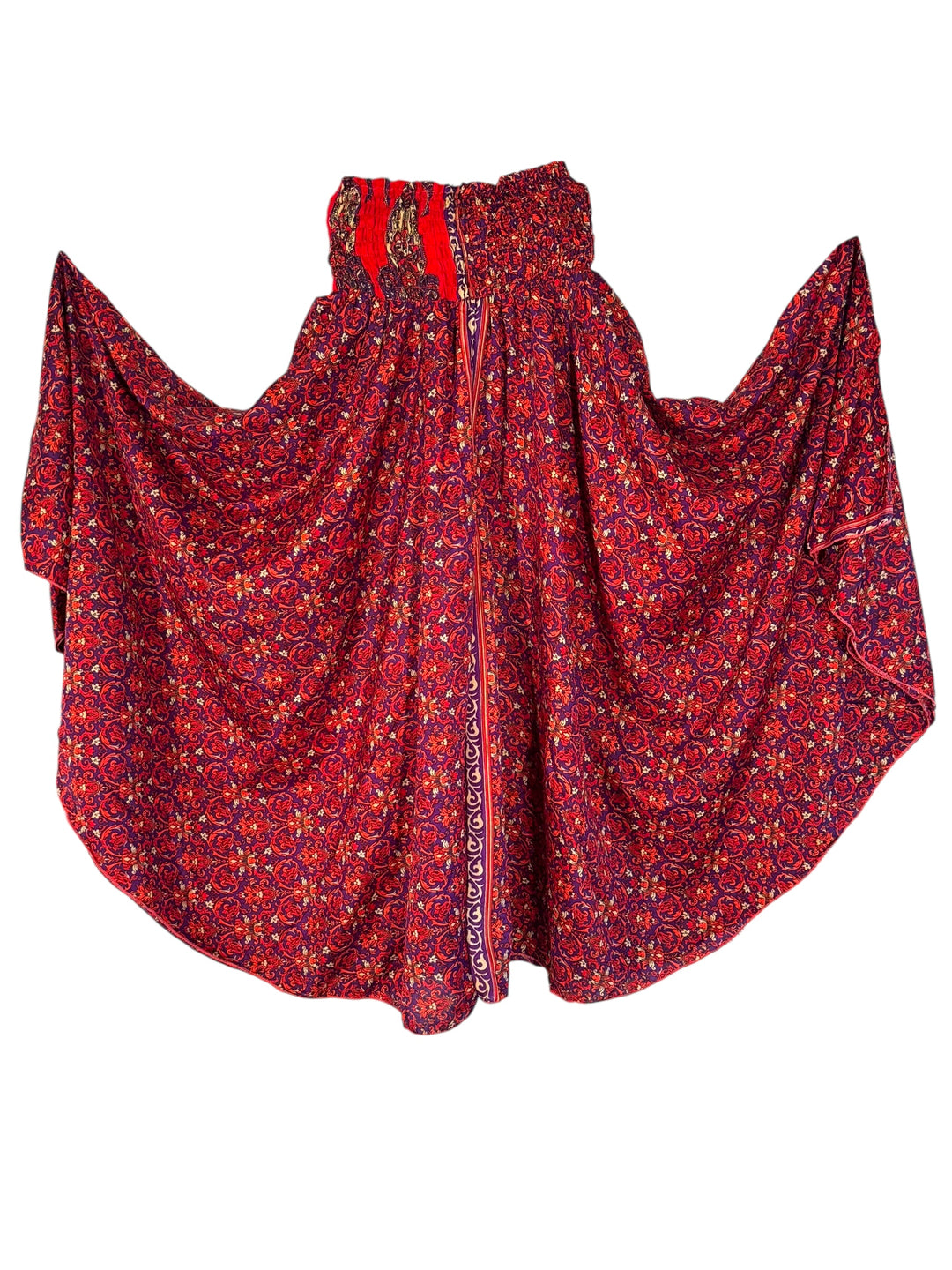 Red floral palazzo pant in a floral vintage silk blend a white background