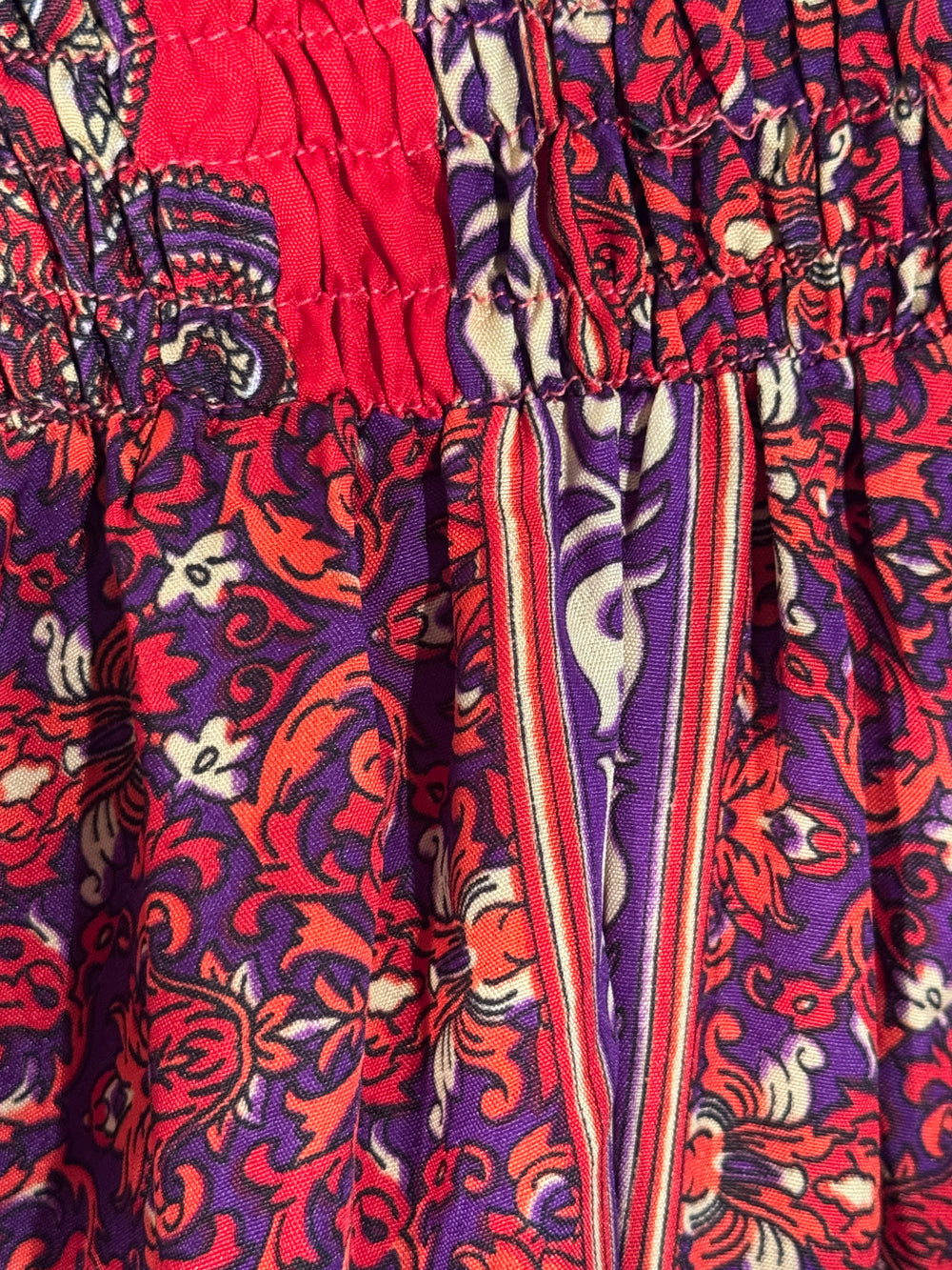 Close-up of floral silk blend with red, purple, and white colors.