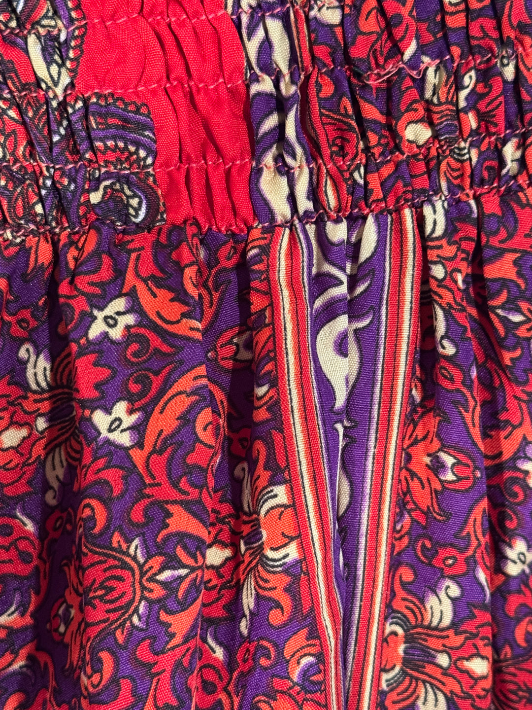Close-up of floral silk blend with red, purple, and white colors.