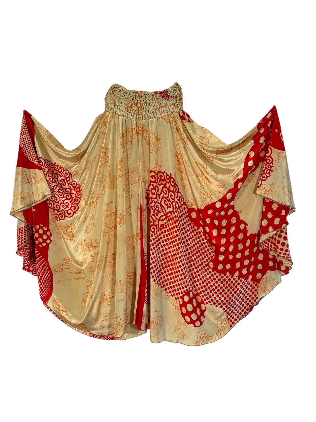 Vintage silk palazzo pant with red and beige patterns on a white background