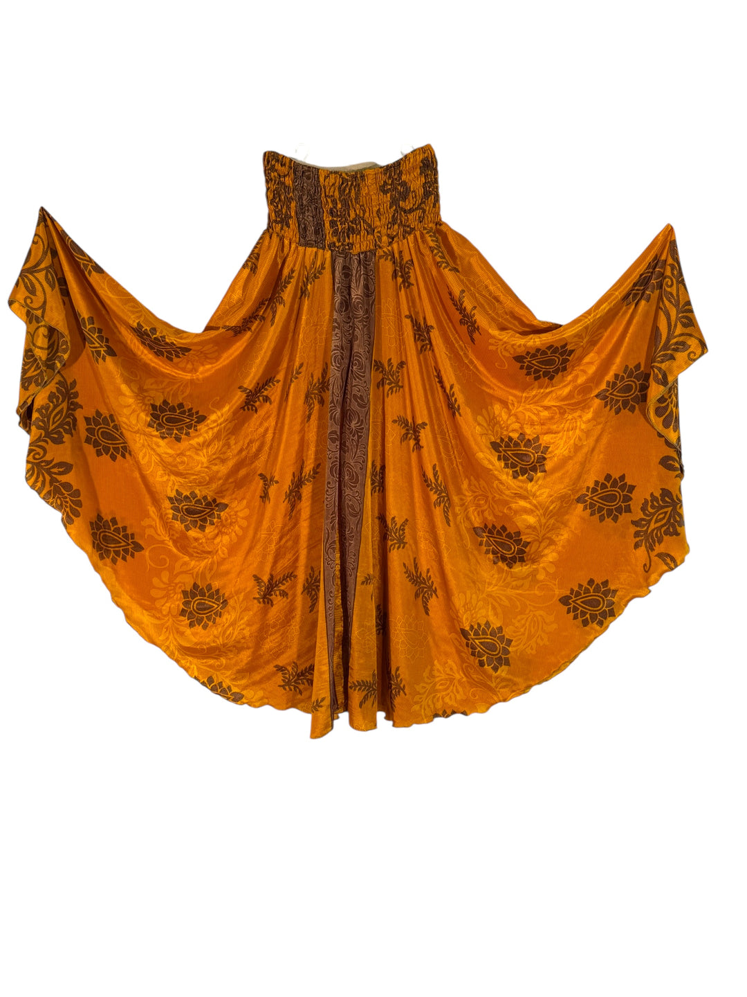 Gold palazzo in vintage silk blend with brown paisley patterns on a white background