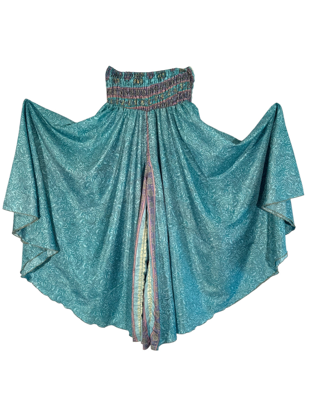 Teal silk blend palazzo pan with colorful accents on a white background