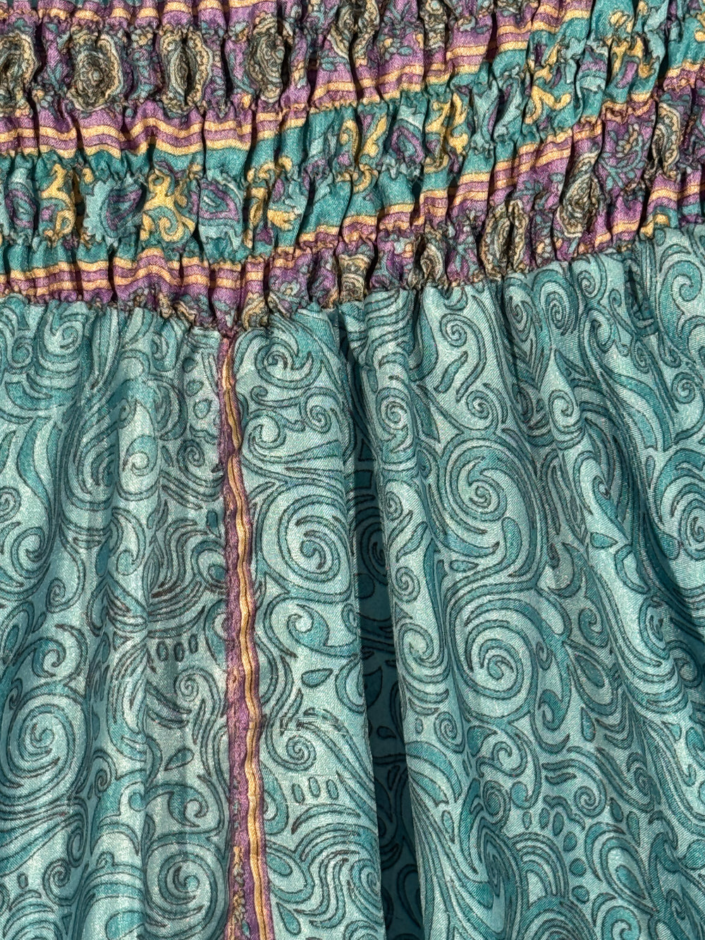 Close-up of a silk blend fabric with intricate patterns in light blue