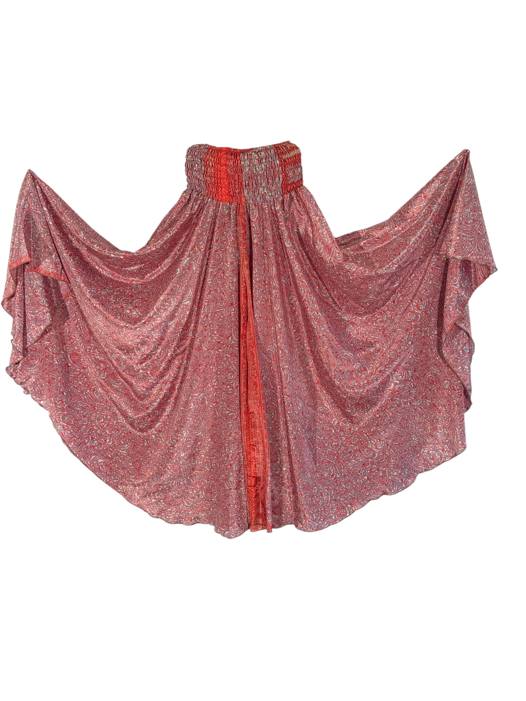 Pink with red an light blue patterned palazzo pant on a white background