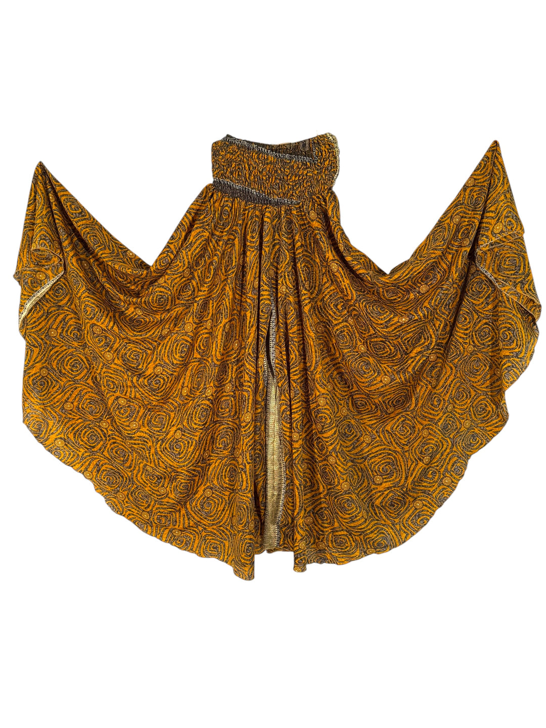Yellow patterned vintage silk blend palazzo on a white background