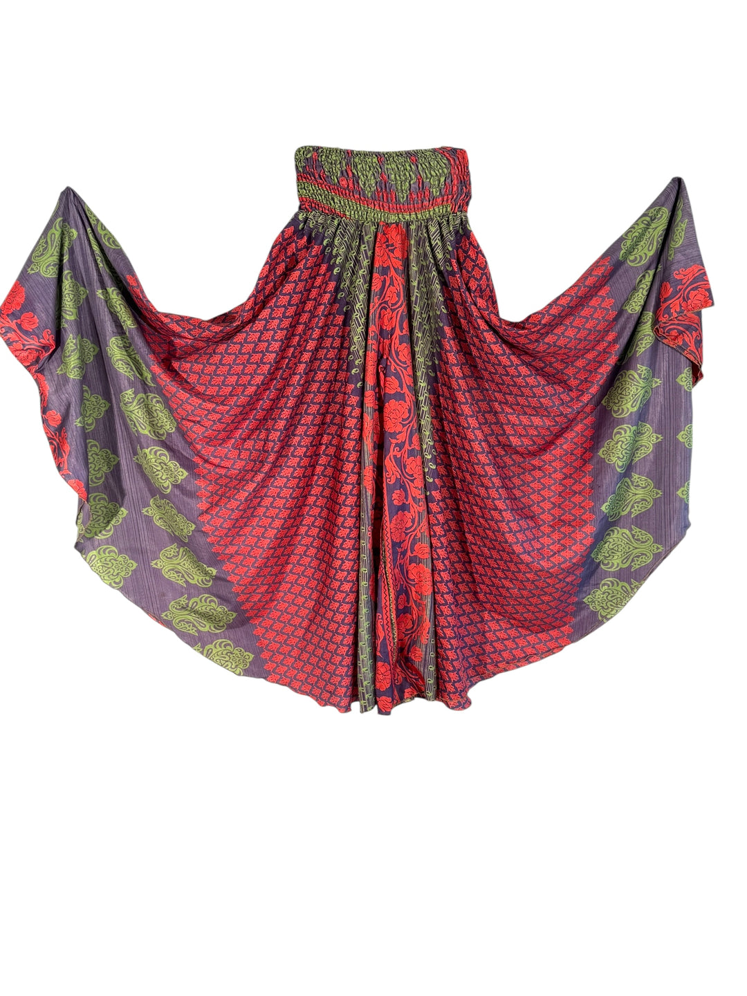 Colorful purple and red patterned silk blend palazzo pants on a white background
