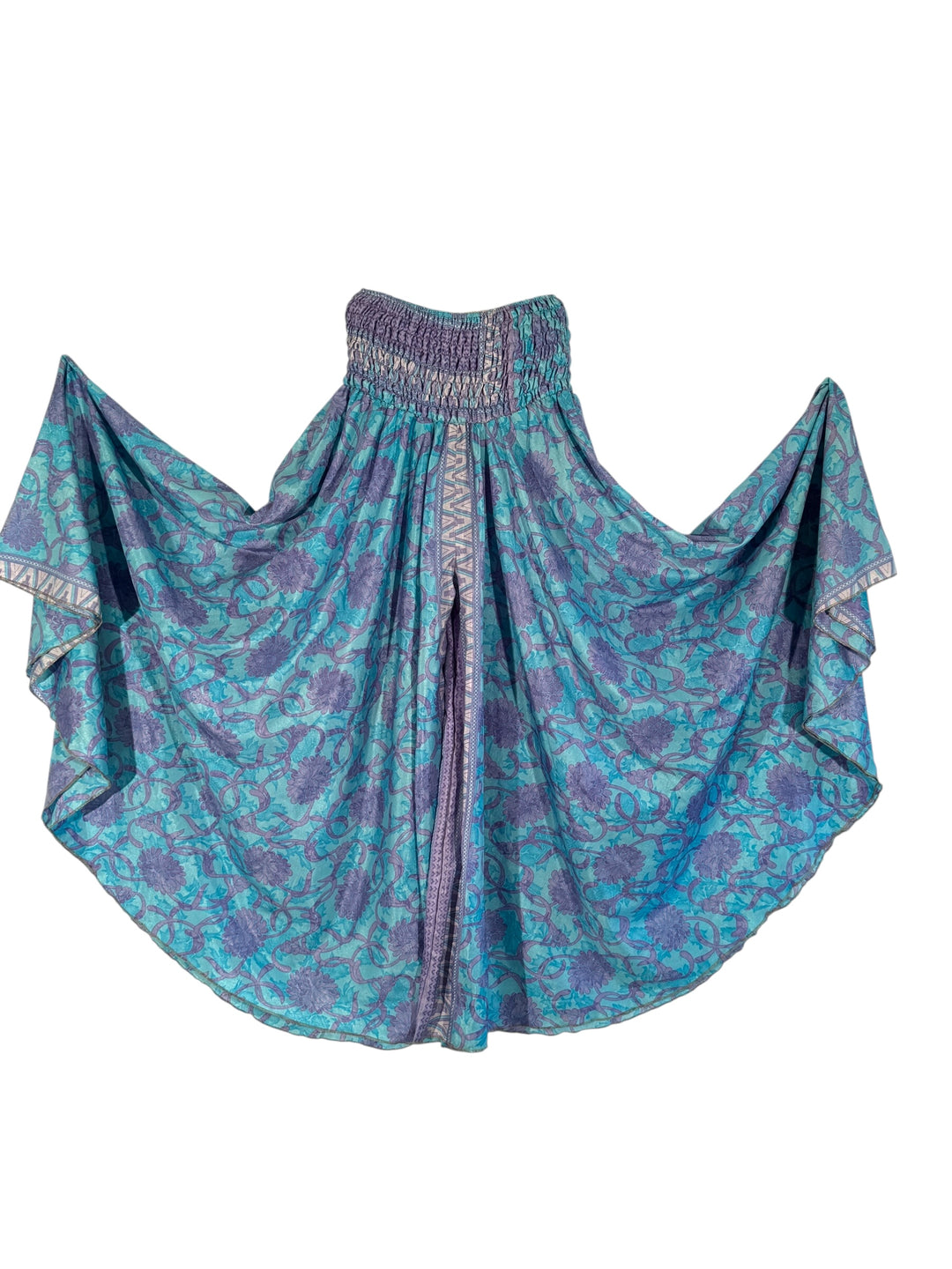 Blue and purple patterned palazzo pant on a white background