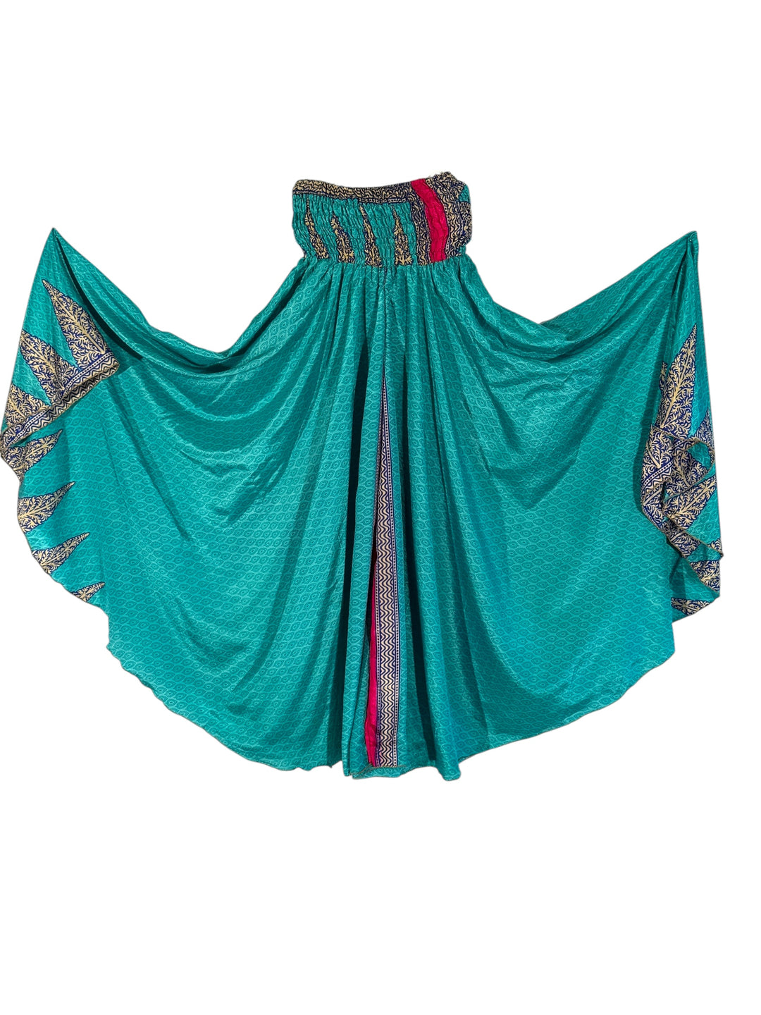 Teall green palazzon pants with navy and pink patterns