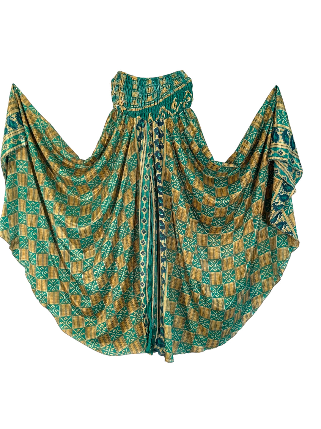 Green and gold patterned palazzo pant in upcycled saree silk blend on a white background