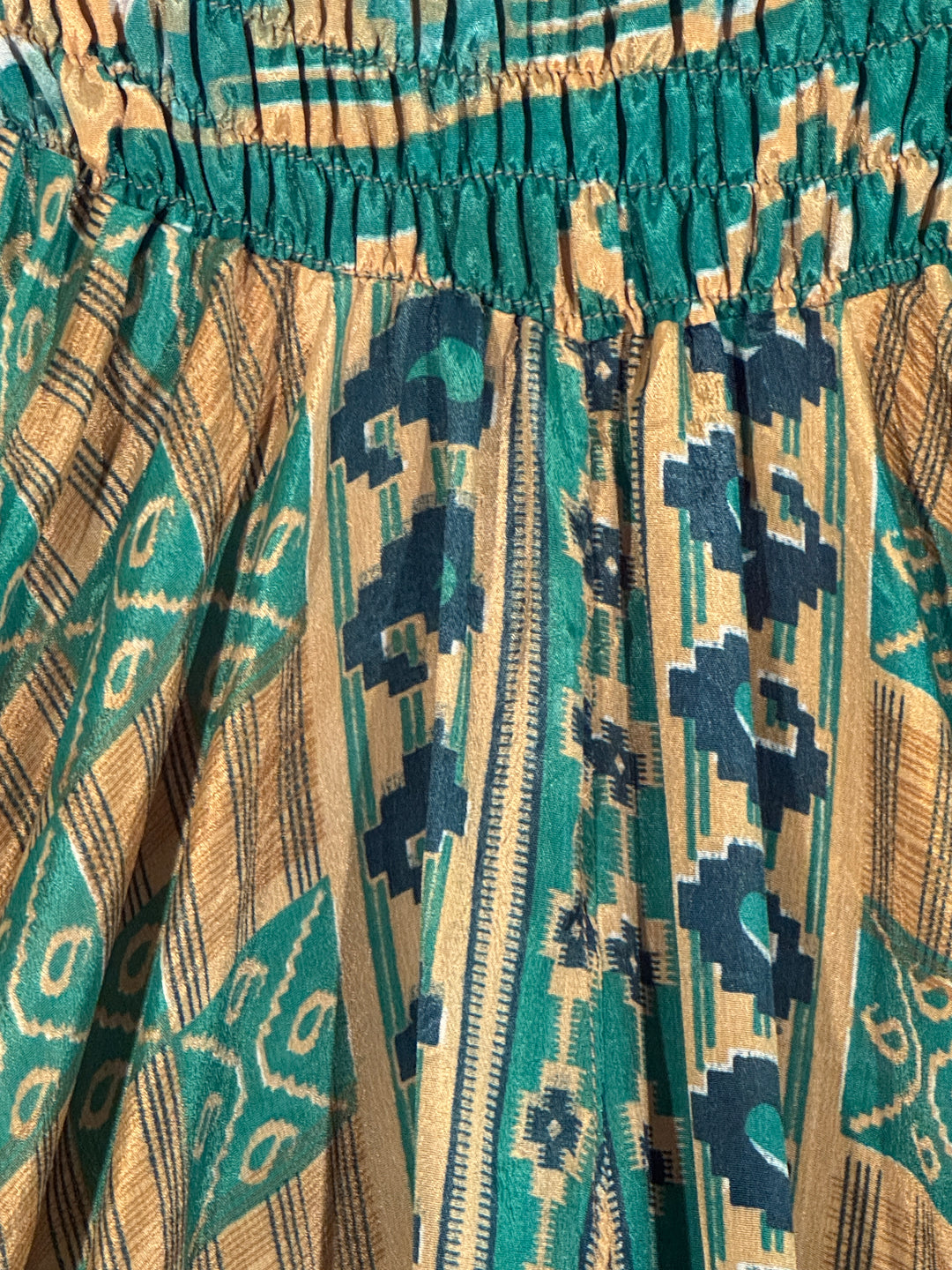 Close-up of patterned silk blend with blue, beige, and green colors.