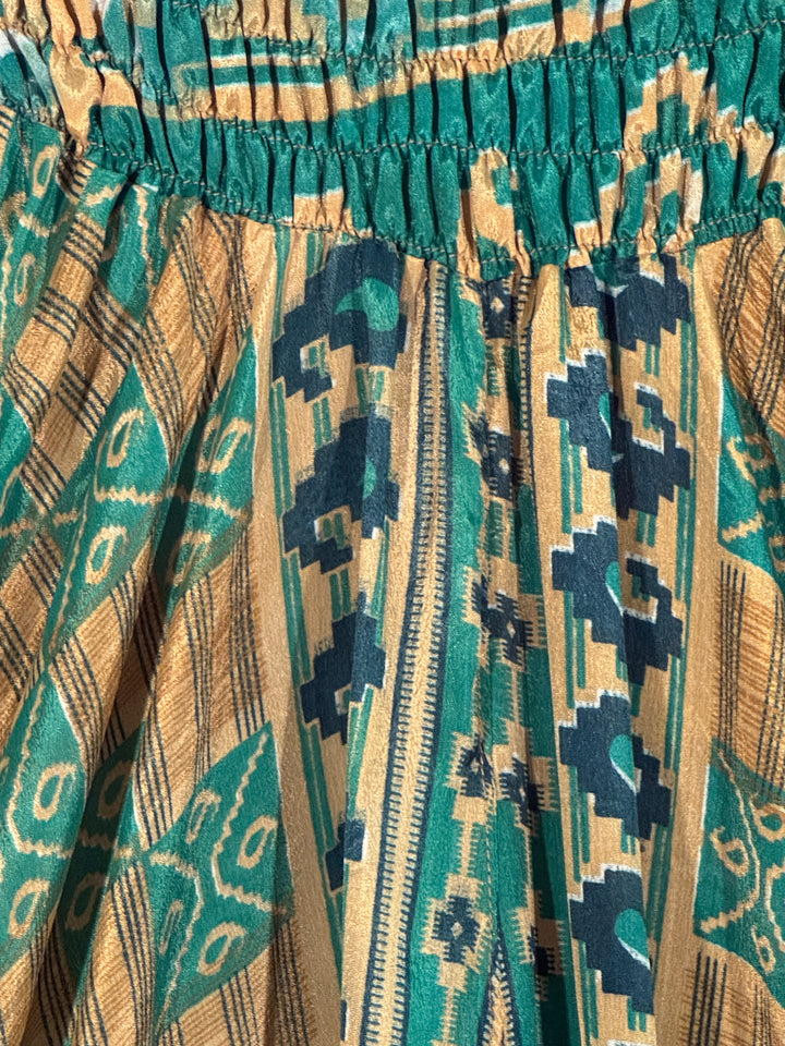 Close-up of patterned silk blend with blue, beige, and green colors.