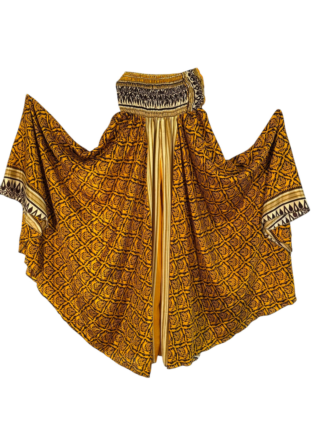 Gold patterned palazzo pants in upcycled saree silk blend on a white background