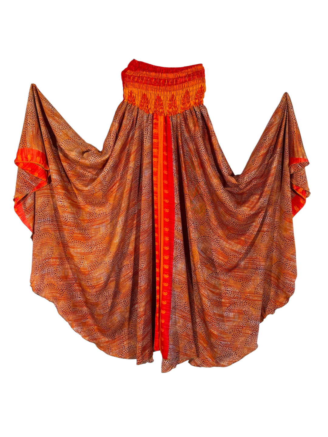 Orange and red patterned silk blend palazzo pant  a white background