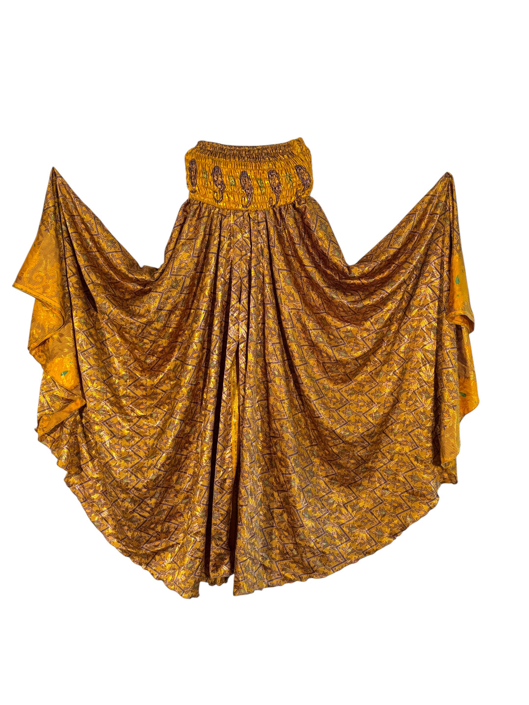 Yellow silk patterned palazzo pants on a white background