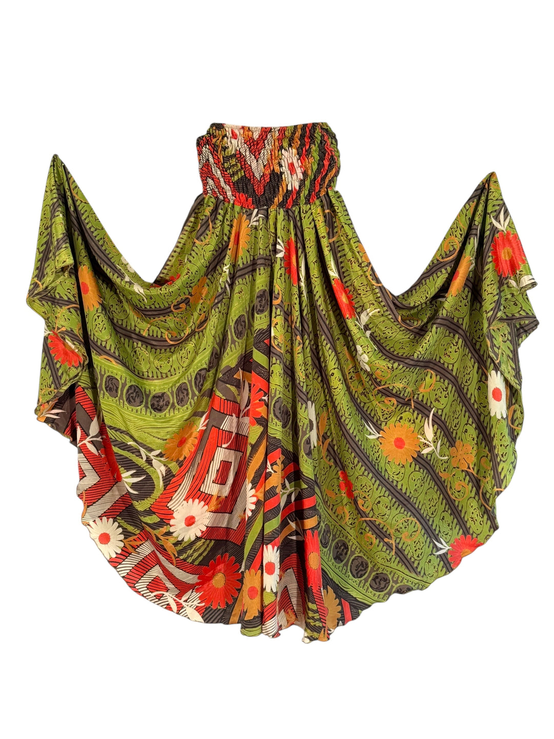 Colorful green floral silk blend palazzo pants on a white background