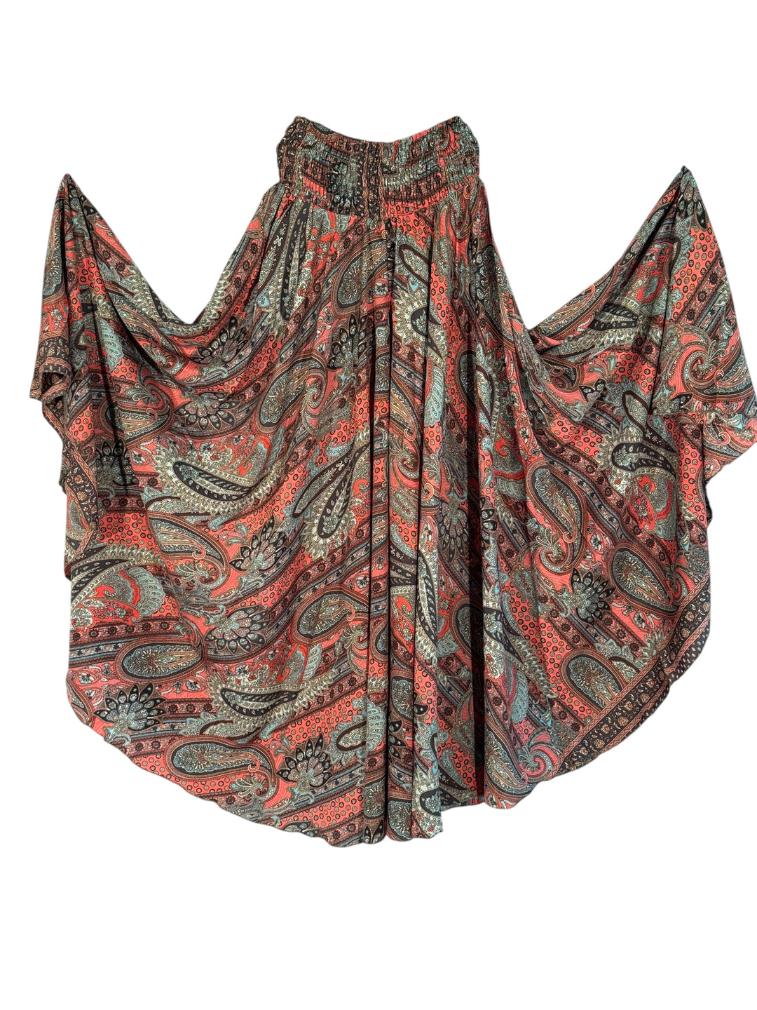 Pink blue and brown paisley silk blend palazzo pants on a white background