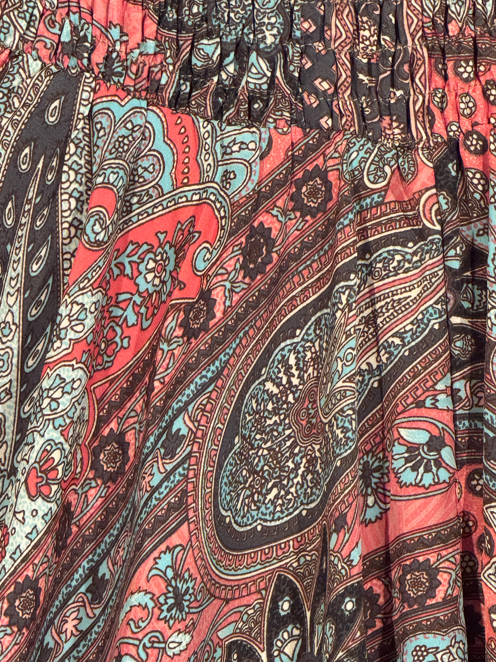 Close-up of silk blend fabric with intricate designs in pink, brown, and blue.