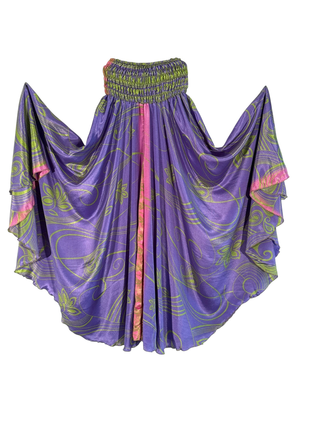 Purple floral-patterned palazzo pants in a silk blend on a white background