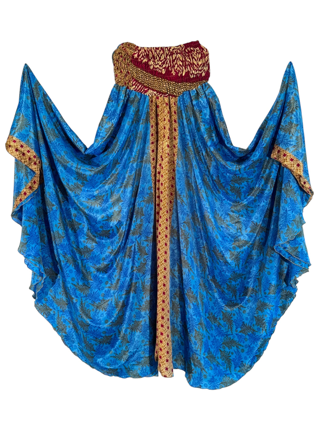 Blue silk blend palazzo pants with gold and red accents on a white background