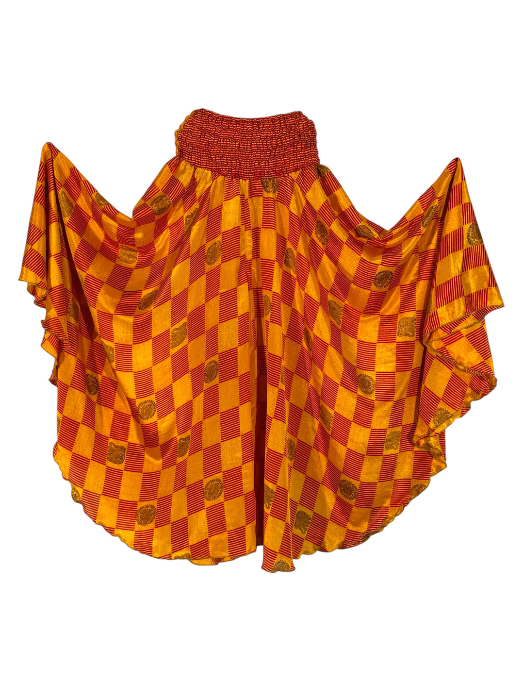 Red and yellow checkered palazzo pants with elephants and birds on a white background