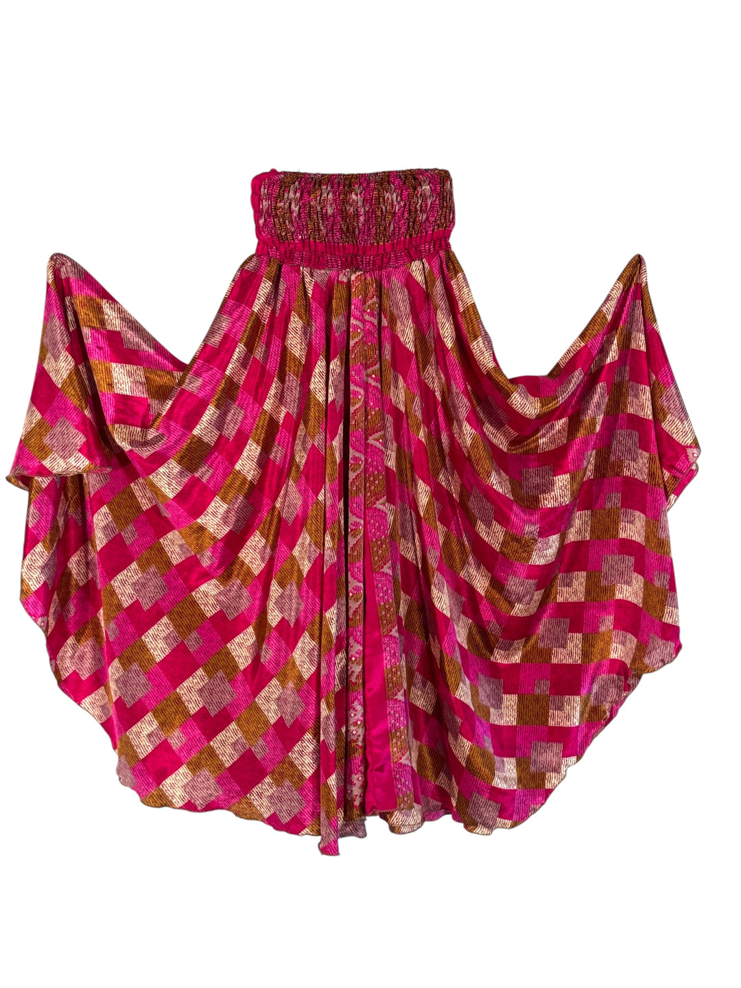 Pink and brown checkered silk blend palazzo pants on a white background