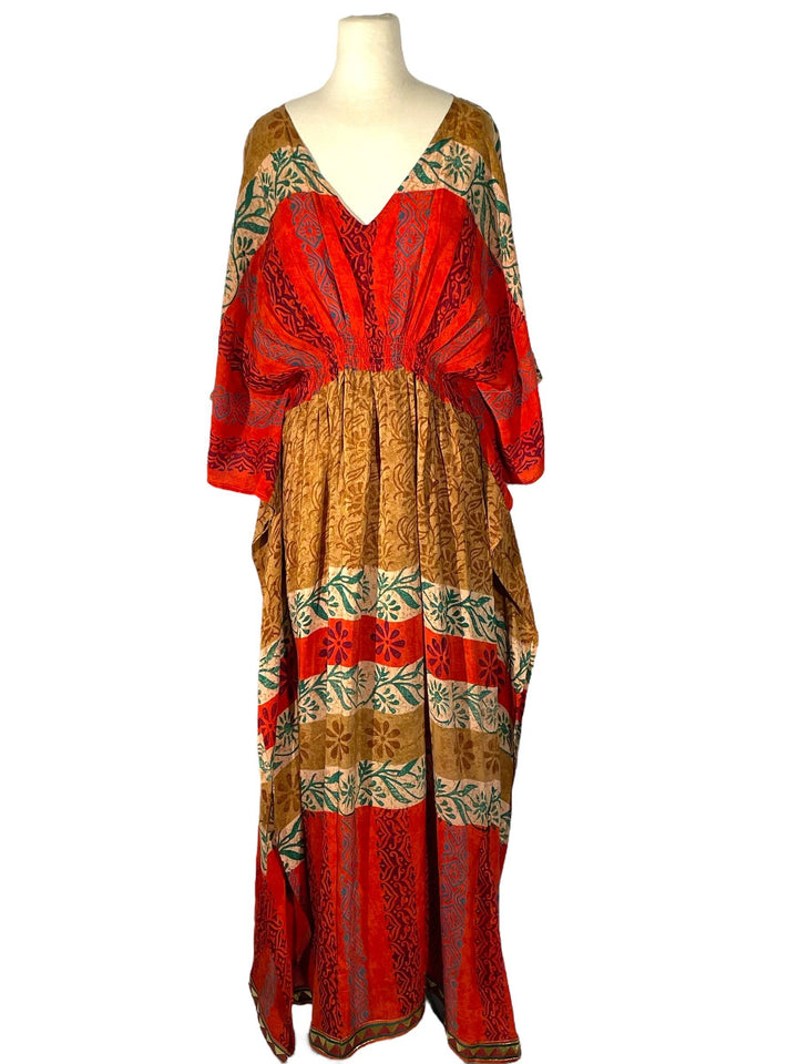 Sustainable red & gold silk kaftan - patterned  bright sections. V neck maxi length from vintage saree silk. Cold water washable. Easy to style and light and airy to wear.