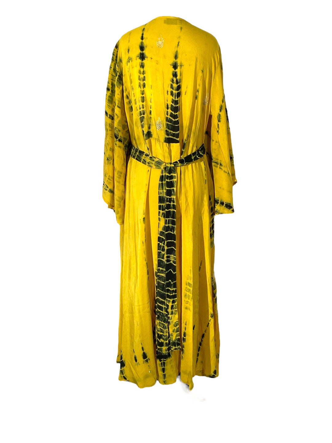 back view of yellow black dip dye vintage silk wrap dress XL