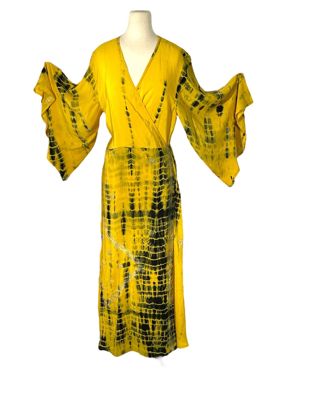 front of Yellow black dip dye vintage silk wrap dress in size XL