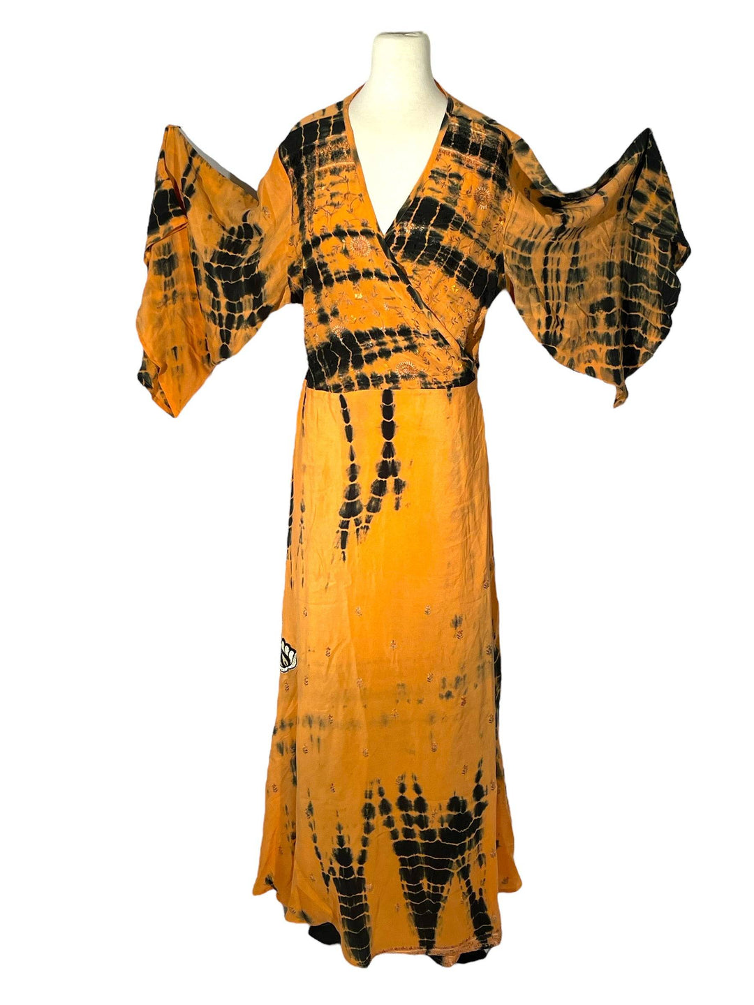 Orange and black dip-dyed wrap dress in sustainable, vintage silk.  Size is Med-Large