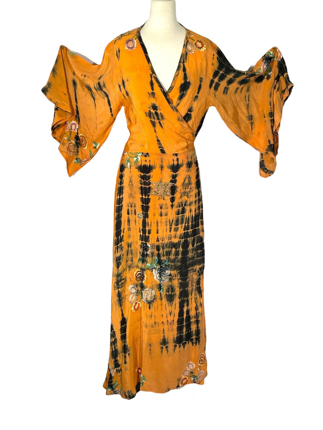 Orange and black dip-dyed wrap dress in sustainable, vintage silk.  Size is Med-Large