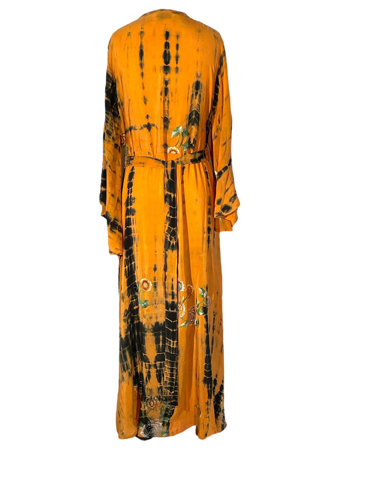 Back view of orange and black wrap dress in vintage silk.