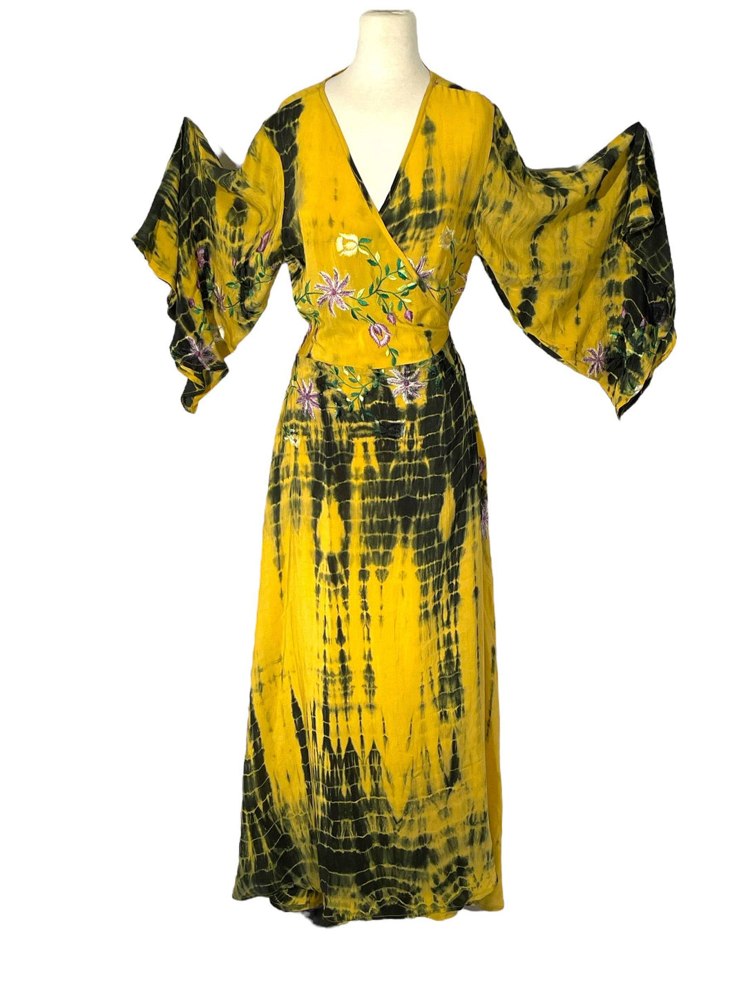 Yellow and black dip-dyed wrap dress in sustainable, vintage silk.  Size Med-Large