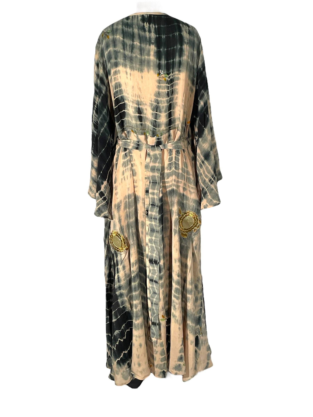 Reverse of beige and black dip-dye wrap dress in 100% vintage silk.