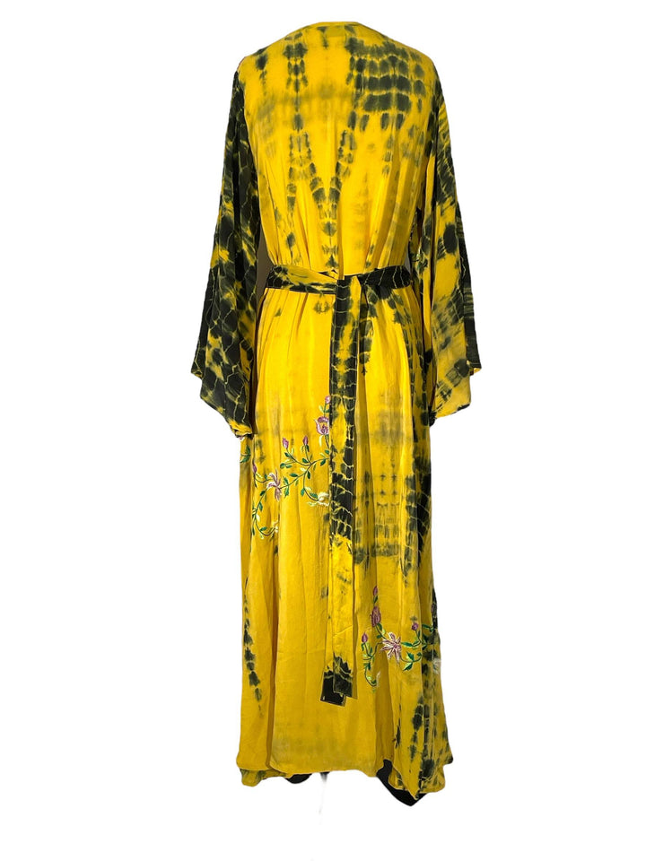 Back view of yellow and black dip-dyed wrap dress in vintage silk.