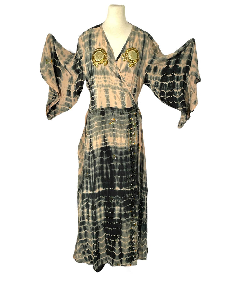 Beige and black dip-dyed sustainable vintage silk wrap dress in size X-Large.