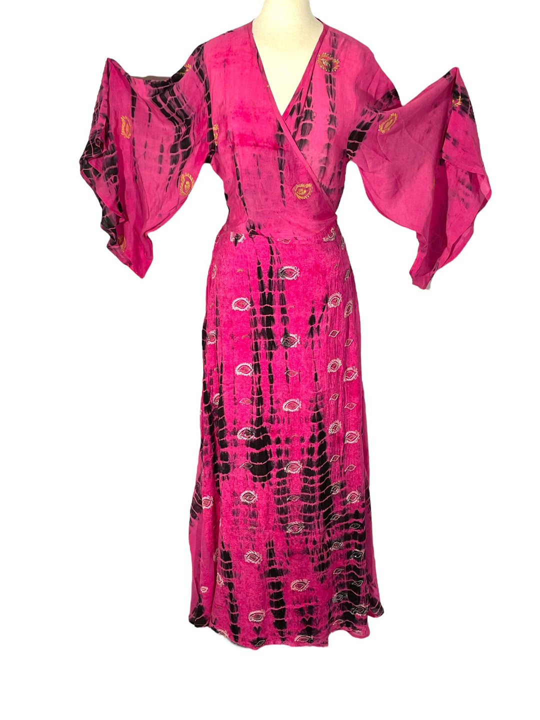 Fuchsia  and black dip-dyed wrap dress in sustainable, vintage silk.  Size Med-large.