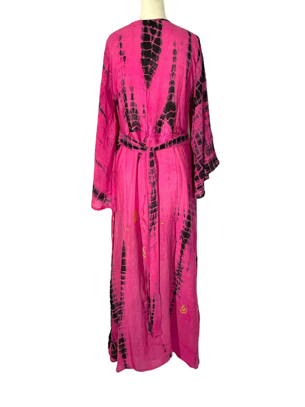 Reverse view of hot pink silk wrap dress.