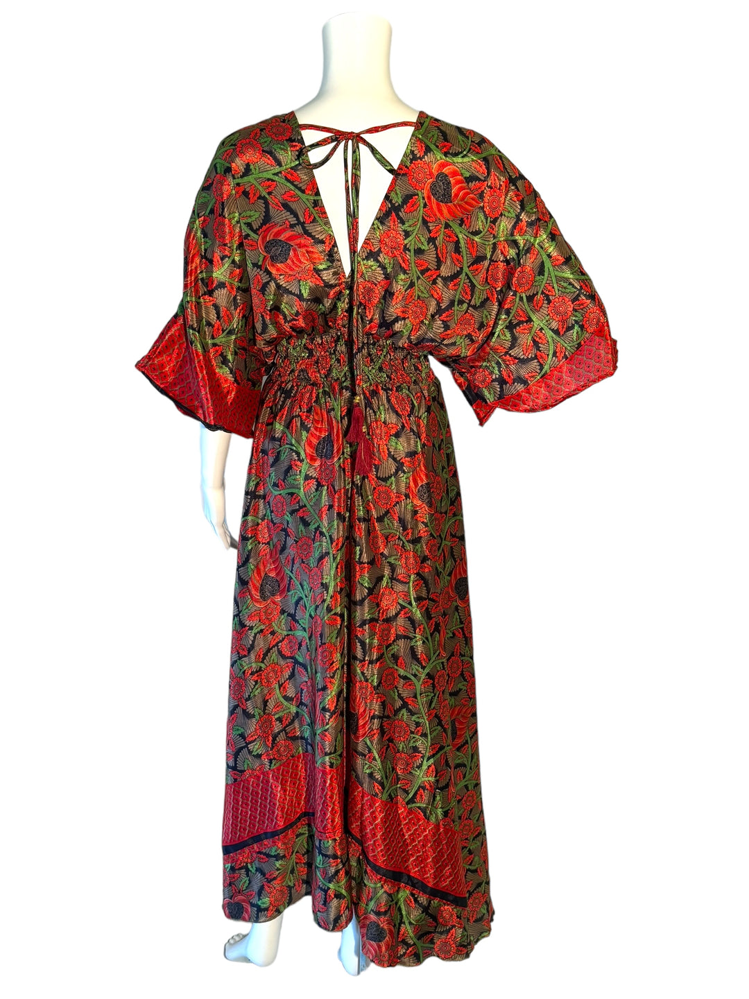 Reverse view of red and navy floral print Boho dress in sustainable silk blend.